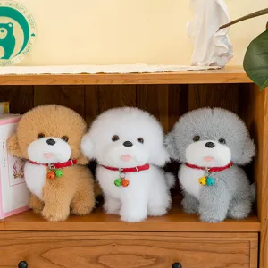 Cute simulation plush puppy toy with bell, soft stuffed doll for kids birthday gift and home decor.