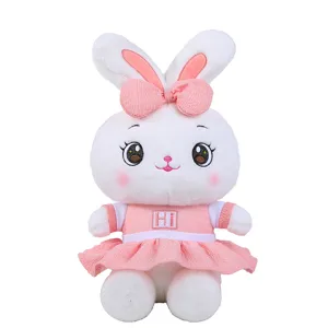 Cute plush rabbit toy with pink dress and bow, soft stuffed animal doll for kids gift.