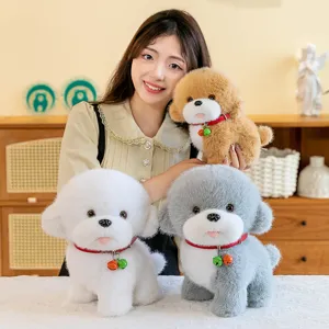 Cute simulation puppy plush toy with red collar and bell, soft stuffed dog doll for kids gift.