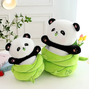 Cute panda plush toy stuffed inside soft green bamboo shoot, adorable gift for kids and birthday.