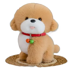 Cute brown simulation puppy plush toy with red collar and bells, perfect children gift.