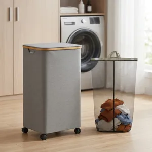 Cesto portabiancheria mobile con coperchio in legno e borsa a rete per camera da letto