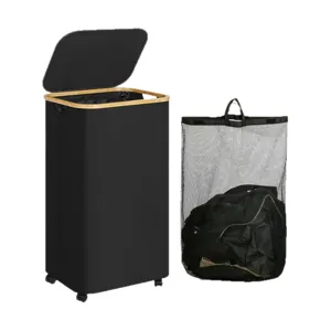 Cesto portabiancheria mobile con coperchio, grande contenitore nero in tessuto con ruote.