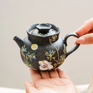 New Chinese Style Ceramic Teapot Graphite Black Hand Painted Rabbit Osmanthus Moon Design 165ml Small Tea Pot For Home Office