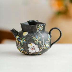 Hand-painted ceramic teapot with rabbit and osmanthus moon design, elegant solo brewing tea set.