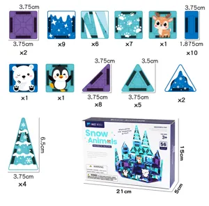 Gedetailleerd maatschema van de 56-delige sneeuwdieren magnetische bouwsteenset.