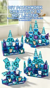Set van magnetische bouwstenen, winters sneeuwkasteel en schattige dieren thema.