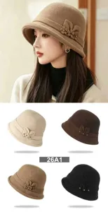 Vintage wool felt bucket hat for women winter elegant floral dome basin hat warm casual
