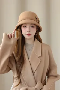 Elegant wool bucket hat for women, retro camel cloche hat with floral decor for autumn winter.