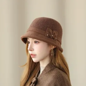 Women French Elegant Retro Cloche Hat Flower Rhinestone Round Top Warm Winter Autumn Polyester Felt Bucket Hat Style