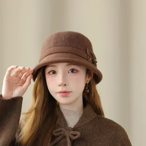 Vintage wool felt bucket hat for women, elegant floral decor, retro autumn winter warm basin cap.