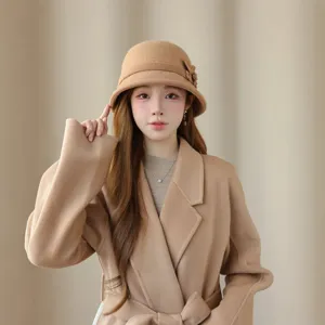 Retro wool bucket hat for women, elegant floral decor basin hat, cozy autumn winter headwear.