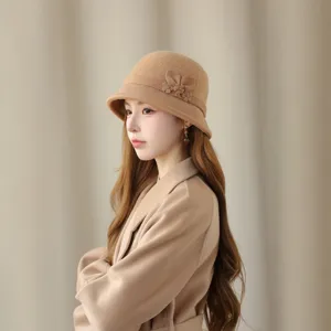Retro women wool cloche hat vintage winter basin hat elegant floral bucket hat khaki chic