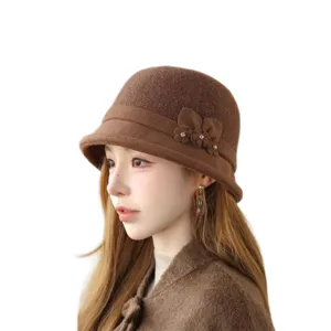 Vintage women wool bucket hat winter warm elegant floral cloche hat brown casual headwear