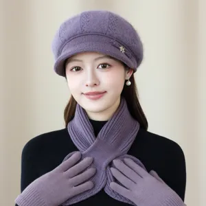 Stylish purple knit beret hat scarf and gloves set for women warm winter fashion accessory