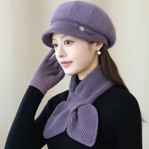 Women Angora Rabbit Hair Blend Knitted Beret Hat Hepburn Style Warm Ear Protection Solid Color Elegant Beaded Knit Hat