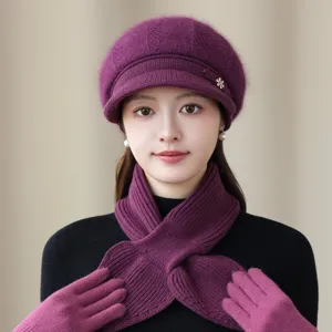 Women's winter knitted beret hat scarf and gloves set warm wool cap fashion elegant purple gift.