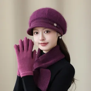 Winter women wool knitted beret hat scarf gloves set purple warm detail closeup display