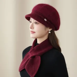 Women's wine red wool knit beret hat and scarf set, warm vintage newsboy cap for winter.