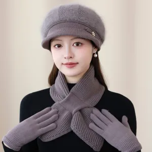 Women winter knit beret hat scarf and gloves set warm cozy grey wool blend fashion accessory