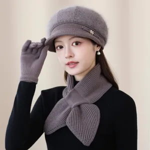 Women's wool knitted hat and scarf set autumn winter warm stylish elegant grey headwear