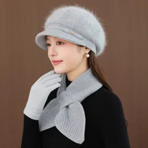 Chic grey wool knitted beret hat and matching scarf set, elegant winter warm headwear.