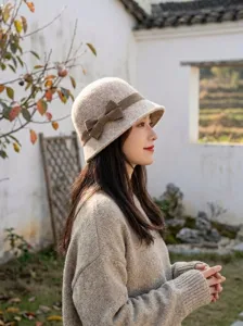 Audrey Hepburn style wool felt bucket hat for women, elegant retro bow winter fisherman hat.