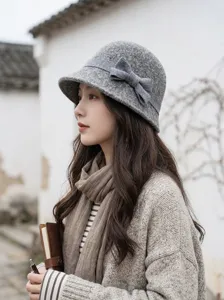 Audrey Hepburn style wool felt bucket hat for women, vintage bow, elegant French look.