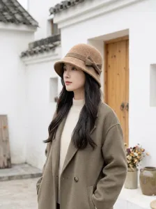 Classic Audrey style wool felt bucket hat for women, elegant winter bow cloche hat.