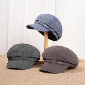 Women denim octagonal cap detail, retro patchwork design with cute metal star decoration.
