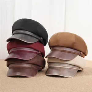 Retro PU spliced octagonal hat for women, autumn and winter vintage newsboy cap versatile.