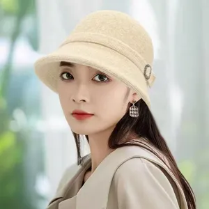 Elegant beige knit bucket hat for women, autumn winter casual cloche warm fisherman hat stylish