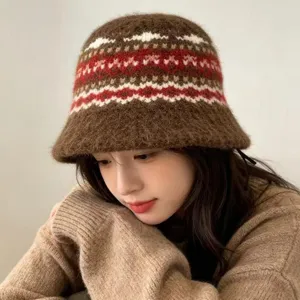 Close-up detail of cozy knit bucket hat with vintage Nordic pattern, warm autumn winter style.