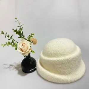 Women's winter faux rabbit hair knitted bucket hat solid color roll-up fisherman hat
