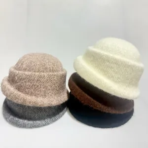 Women Faux Rabbit Fur Knitted Bucket Hat Solid Color Foldable Warm Winter Fisherman Hat Retro Beanie Hat Outdoor Casual Apparel