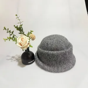 Autumn winter imitation rabbit hair knitted basin hat solid color roll edge bucket hat warm
