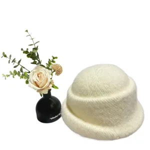 Autumn winter solid color plush knitted bucket hat warm stylish fuzzy basin hat for women.