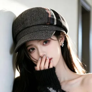 Japanese vintage plaid newsboy hat for women, chic retro octagonal cap with chic patchwork design.