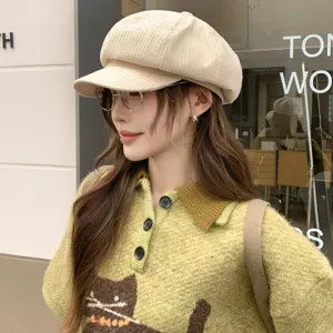 Japanese retro cute corduroy newsboy cap for women, vintage octagonal hat sun protection.