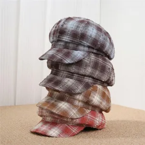 Retro plaid newsboy cap for women, distressed baker boy hat, vintage casual sun protection hat.
