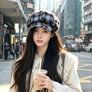 Vintage plaid beret hat for women, Japanese style cute newsboy cap, chic sun shade casual hat.