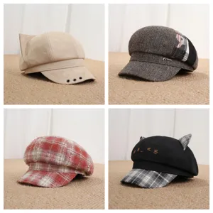 Japanese Vintage Cat Ear Octagonal Cap For Women Sweet Plaid Patchwork Newsboy Hat Corduroy Sun Protection Beret Accessory