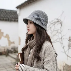 Retro wool felt bucket hat for women, elegant French style bow winter warm basin hat.