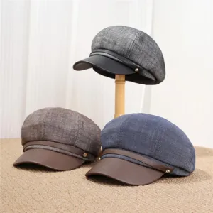 Korean retro denim patchwork newsboy cap detail, stylish painter hat with leather brim.