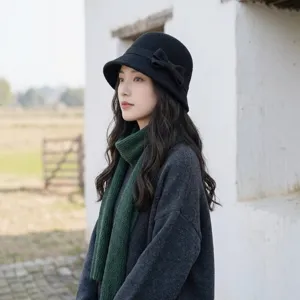 Classic Hepburn style wool felt bucket hat for women winter elegant bow cloche hat vintage french fashion