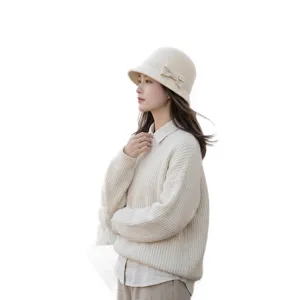 Elegant Audrey style wool felt bucket hat for women, autumn winter vintage bow cloche hat.