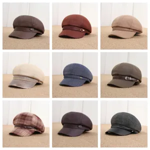 Vintage Women Patchwork Newsboy Cap Korean Style Denim PU Leather Octagonal Hat Fashion Artistic Painter Baker Boy Hat