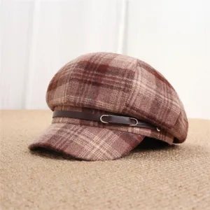 Vintage brown plaid newsboy cap for women, stylish autumn painter hat with leather strap decor.