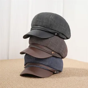 Autumn Korean retro denim patchwork octagonal hat, stylish casual painter hat for women.
