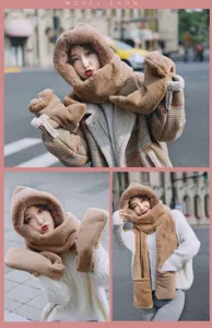 Plush hooded scarf detail, faux rabbit fur hat and gloves set for winter outdoor daily wear.
